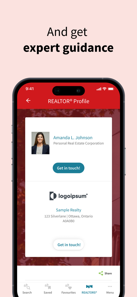 A realtor profile screen on the REALTOR.ca mobile app showing contact information and expert guidance.