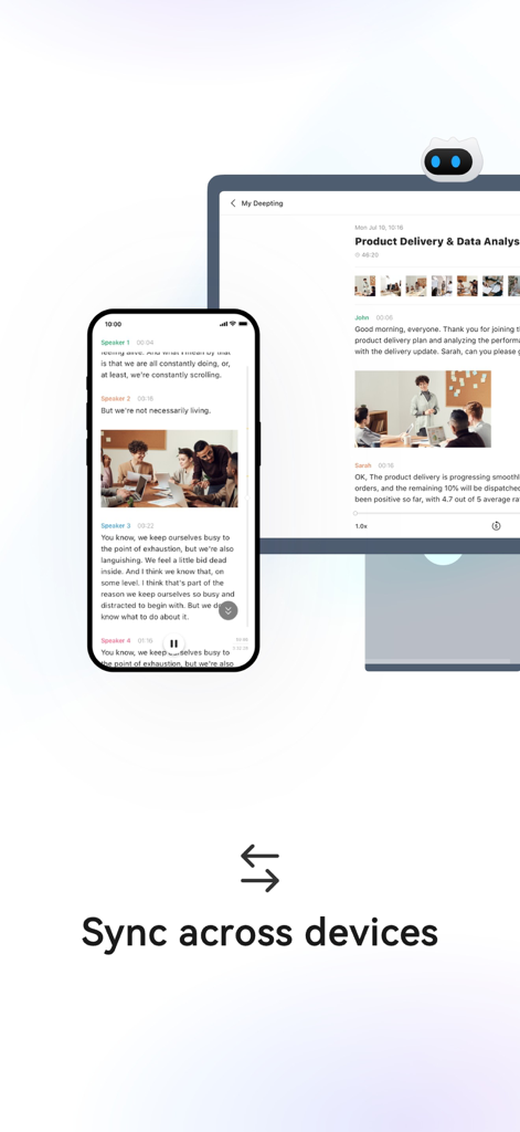 Deepting AIアプリ。スマートフォンとタブレット間で同期されたリアルタイム会議文字起こしと写真統合が表示されています。