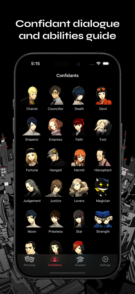 P5R Guide - Confidants screen in the P5R Guide app showing character portraits and arcana categories like Chariot and Death.