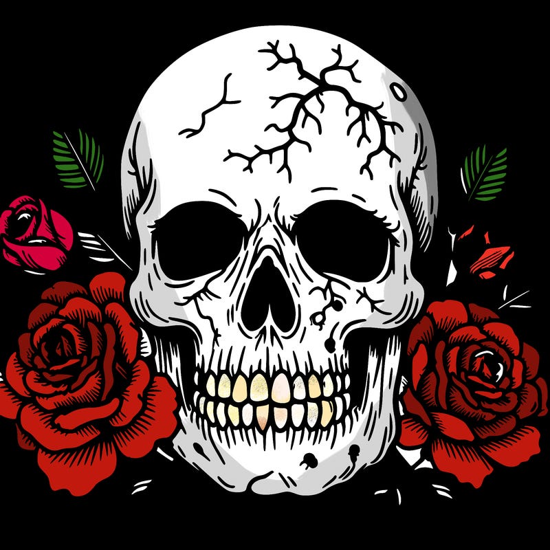 zombie skull with blooming roses