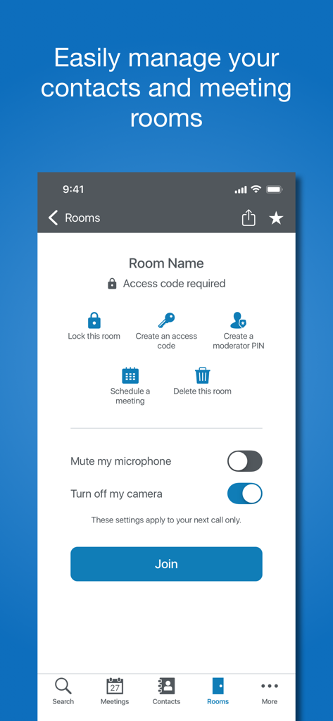 VidyoConnect - VidyoConnect mobile app interface for managing enterprise meeting room settings and privacy controls.