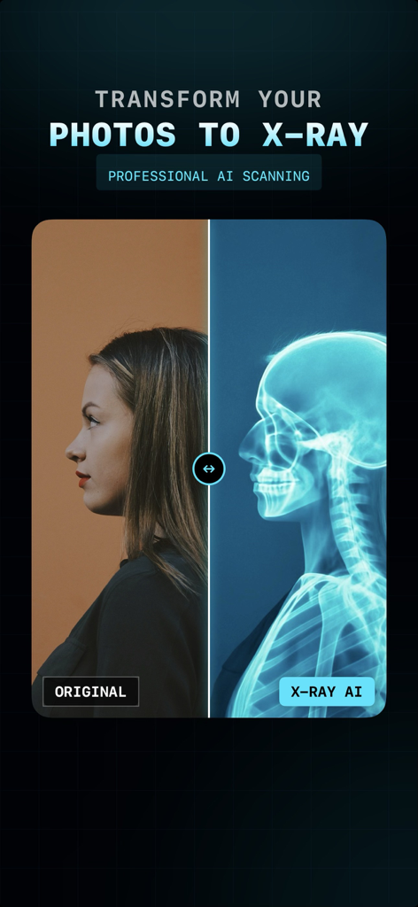 A split screen showing a woman's original profile photo and its AI-generated X-ray transformation.