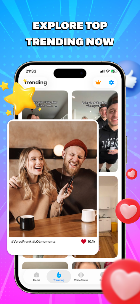 Reverse Audio: Singing Trend - Trending feed in the Reverse Audio app showing popular voice prank and singing challenges.