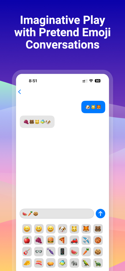 Emoji Games For Kids - Pantalla del juego de conversación de simulación de emojis para niños que muestra un teclado de emojis colorido y burbujas de chat