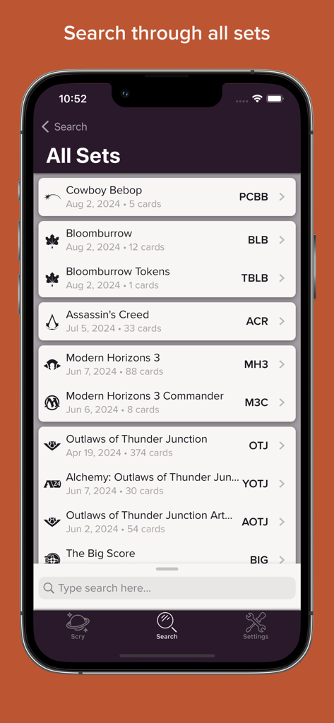 Interfaz que muestra una lista consultable de los sets de expansión de Magic The Gathering con fechas de lanzamiento y número de cartas