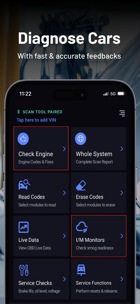 RepairSolutions2 - Interfaz de la aplicación móvil RepairSolutions2 que muestra funciones de diagnóstico del vehículo, incluyendo Check Engine, Live Data y I/M Monitors