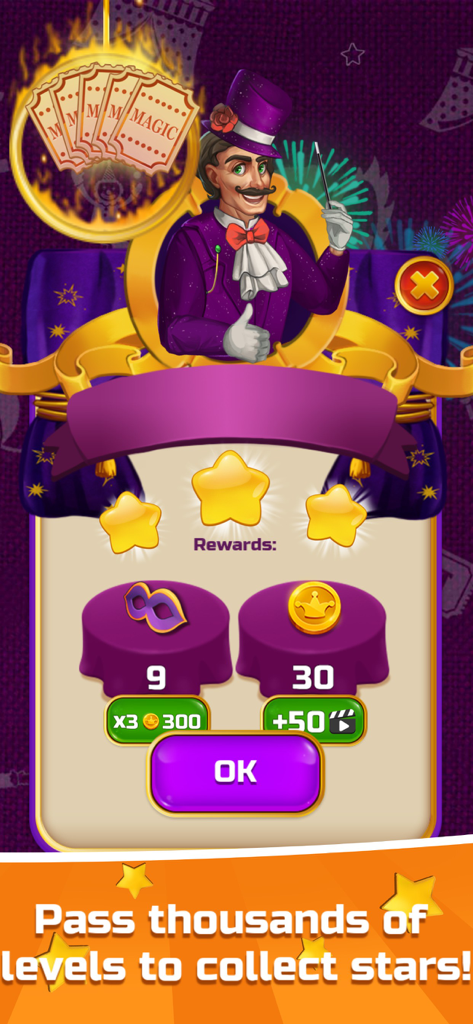 Circus Words mobile game rewards screen showing a magician character, earned stars, and prize rewards for completing a level.