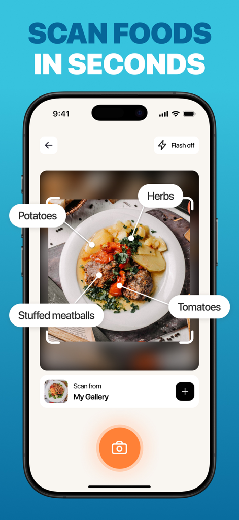 Interface do aplicativo My Plate mostrando o scanner de alimentos por IA identificando ingredientes como almôndegas e batatas de uma foto de refeição