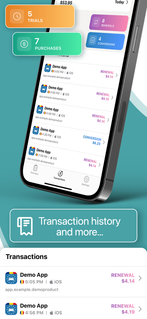A detailed transaction history and revenue metrics dashboard in the RCTrack app for iOS developers.