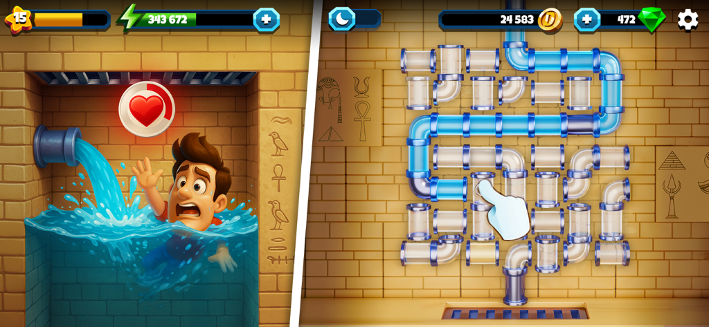Diggy's Adventure Quest - A pipe connection puzzle gameplay screen from Diggys Adventure Quest featuring an Egyptian tomb theme.