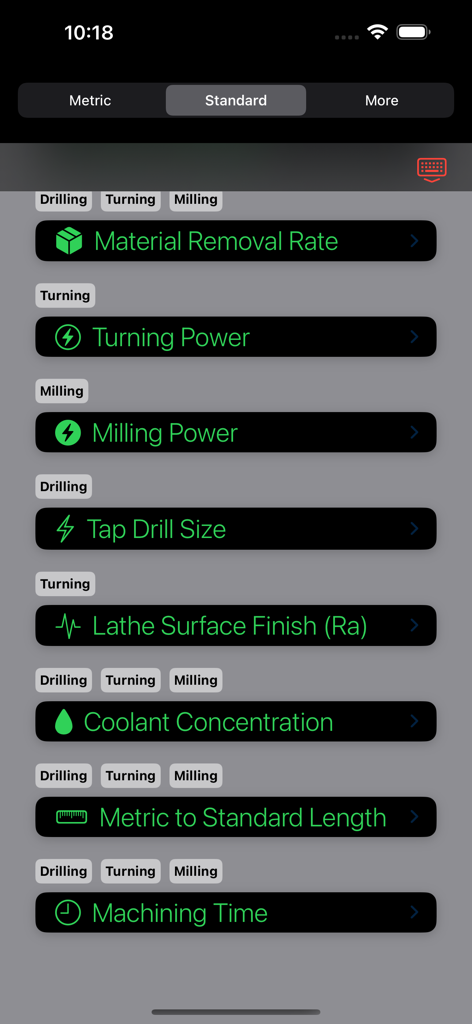 A list of machining tools and calculators within the Machinist Pocket Pal app including Material Removal Rate, Power, Tap Drill Size, and Machining Time.