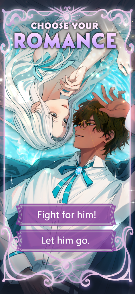 Moonlight Ascension - Otome - A romantic anime scene in Moonlight Ascension showing interactive choice buttons for the player's story