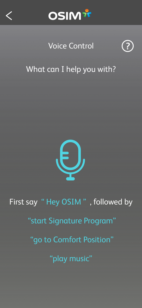 OSIM uLove 2 - Voice control interface of the OSIM uLove 2 app showing a microphone icon and sample voice commands for the massage chair.
