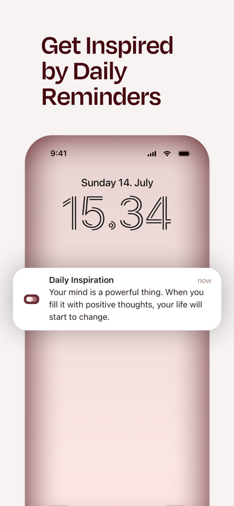 iPhone screen displaying a daily inspiration notification with a positive quote from the Sourhealing app.