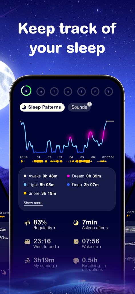 SleepMo-Tracker&Sound&Relax - SleepMo app dashboard showing detailed sleep cycle analysis snoring duration and sleep stages graph