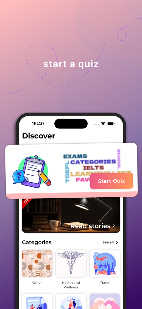 English Phrasal Verbs & Dict. - 영어 구동사 앱의 'Discover' 화면으로, 'Start Quiz' 버튼과 학습 범주가 표시됩니다.