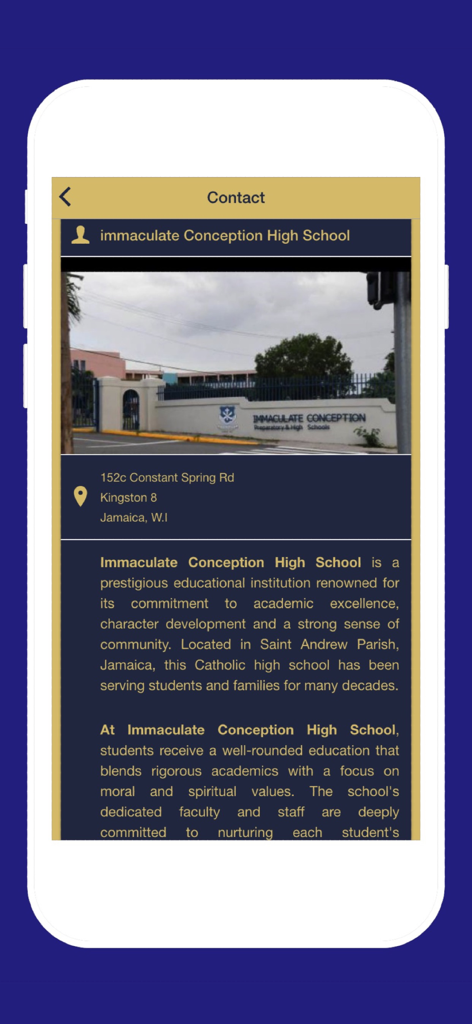 Immaculate Conception High - Contact information screen of the Immaculate Conception High School app featuring the school address and a brief description.