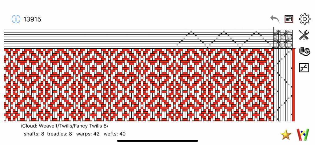 iWeaveIt - Red and white eight shaft fancy twill weaving draft in the iWeaveIt app
