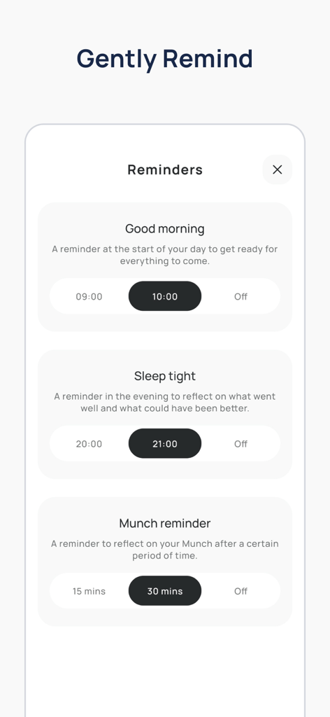 Food Diary & Intuitive Eating - Munch app interface showing customizable gentle reminders for morning and evening reflections