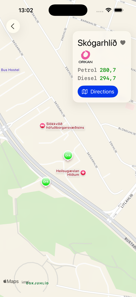 A map view in the Bensin app displaying the location and fuel prices for an Orkan gas station in Iceland.