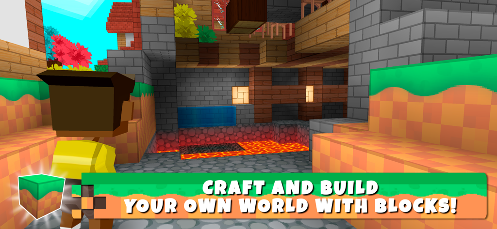 A blocky character exploring a custom world with lava and buildings in Crafty Lands