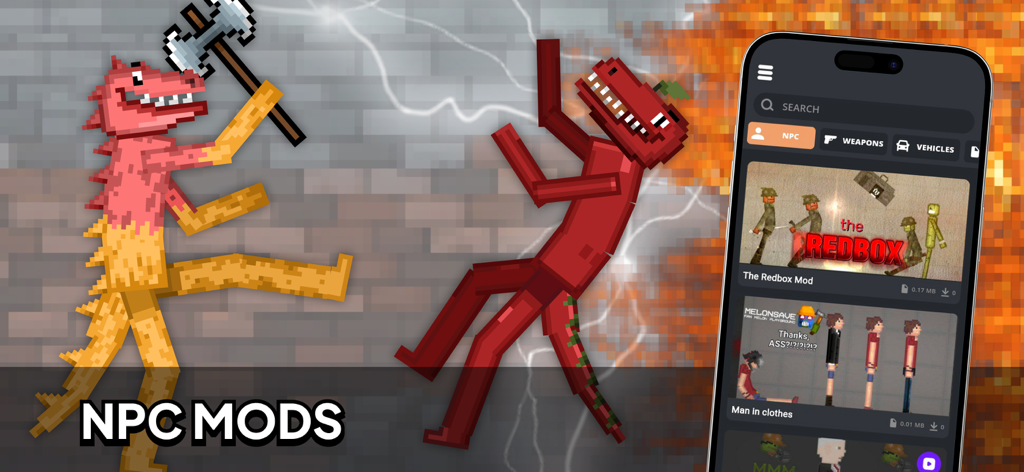 Interface de aplicativo móvel mostrando uma variedade de mods de personagens e NPCs para Melon Playground