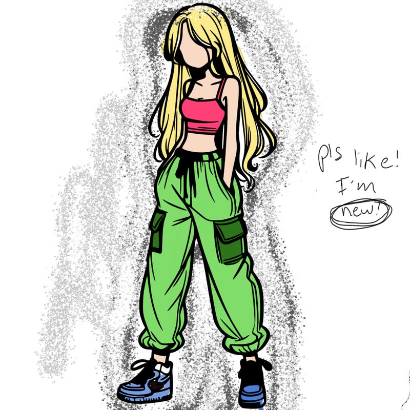 girl in baggy pants crop top and long hair