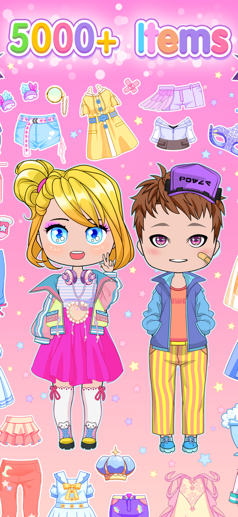 Two cute chibi characters surrounded by various anime clothing items and accessories with the text 5000 plus items