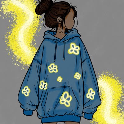 realistic girl with a oversized sweatshirt on and a bun