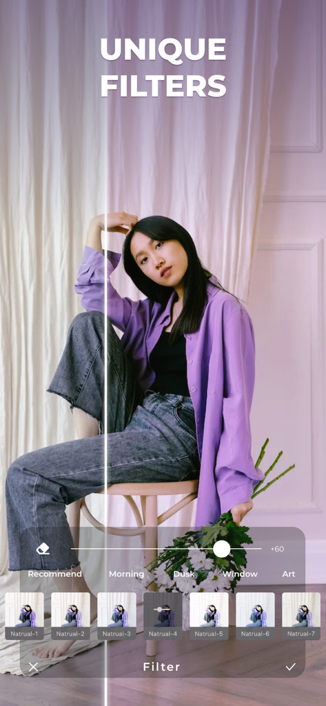 LUMINS - Light Photo Editor - A photo of a woman being edited with aesthetic filters in the Lumins app showing a before and after comparison.