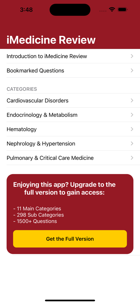 Hauptmenü der iMedicine Review Lite App mit medizinischen Lernkategorien und Banner für ein Upgrade