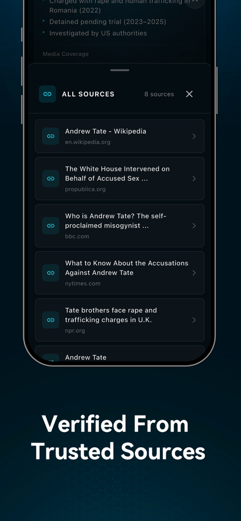 PrimeSearch app interface showing a list of verified information sources including Wikipedia and major news outlets