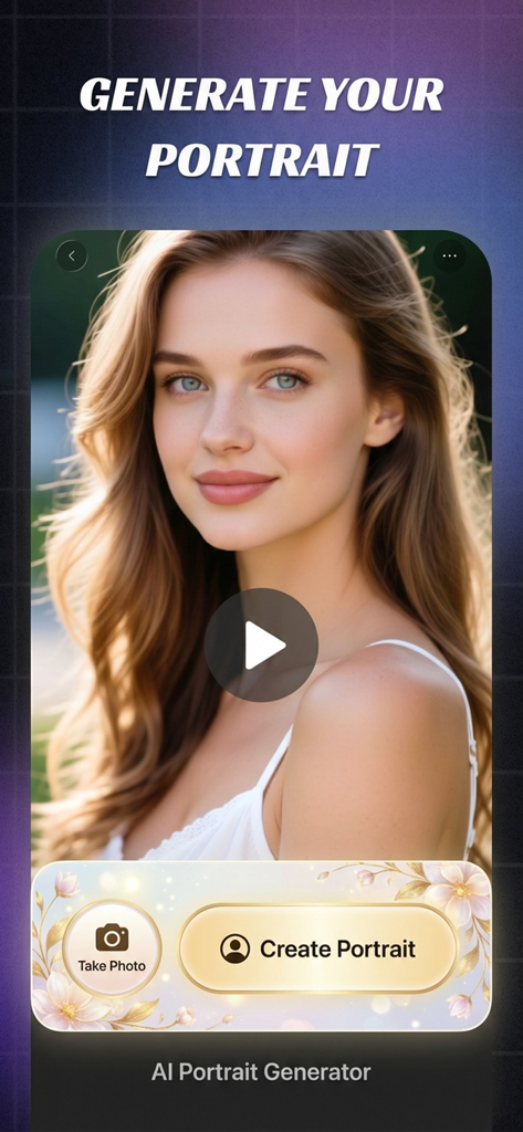 AI Reel - AI Video Maker - Interface of AI Reel app showing a realistic AI generated portrait of a woman with a button to create a portrait.