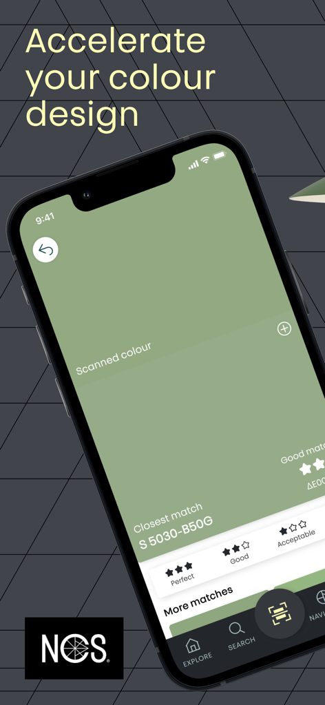 Un smartphone mostrando la interfaz de la aplicación NCS plus con un color verde escaneado y su notación NCS más cercana S 5030-B50G.