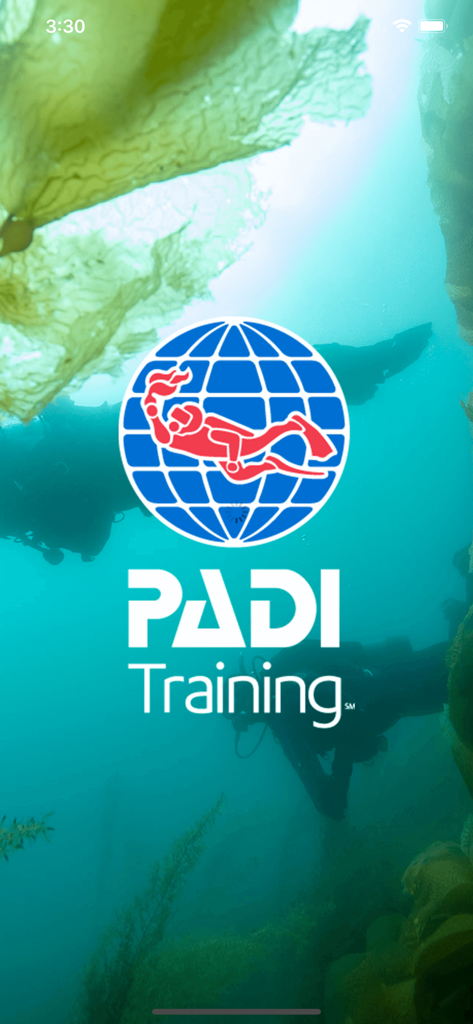 PADI Training app splash screen showing the logo and an underwater diver background