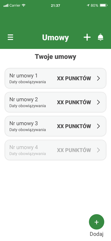 EMKA Oil - Mobile screen of the EMKA Oil app showing a list of user contracts for waste management services.
