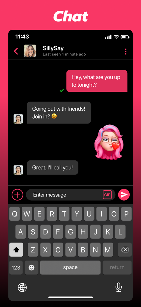 A mobile screen showing a chat conversation with text messages and a heart emoji sticker in the ChatSpace app
