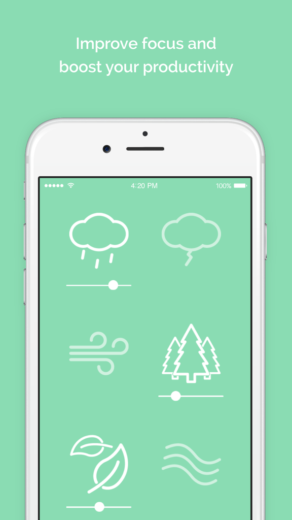 Noisli-App-Oberfläche auf einem iPhone, die minimalistische Sound-Icons und Lautstärkeregler für Regen-, Wind- und Wald-Hintergrundgeräusche anzeigt.