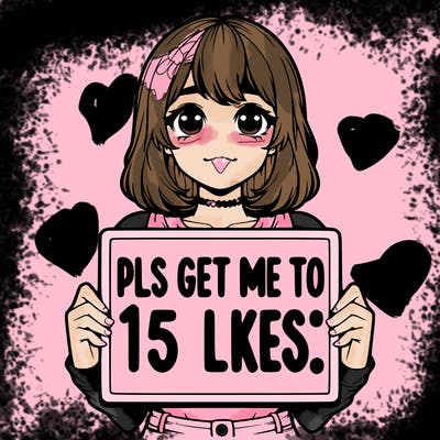 realistic girl holding up a sign that says “pls get me to 15 likes!”