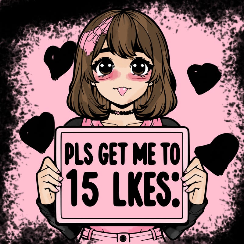 realistic girl holding up a sign that says “pls get me to 15 likes!”