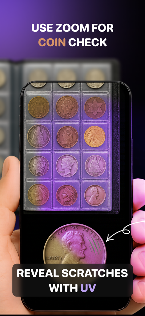 Magnifying Glass * Flashlight - Digital magnifying glass app using UV zoom to check for scratches on a coin collection.