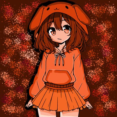 pretty anime girl wearing a fluffy hoodie with bunny ears on the hood and a skirt