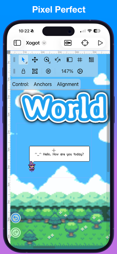 Xogot: Godot for iPad & iPhone - Xogot app interface on iPhone featuring a pixel perfect 2D game editor with a small character and speech bubble