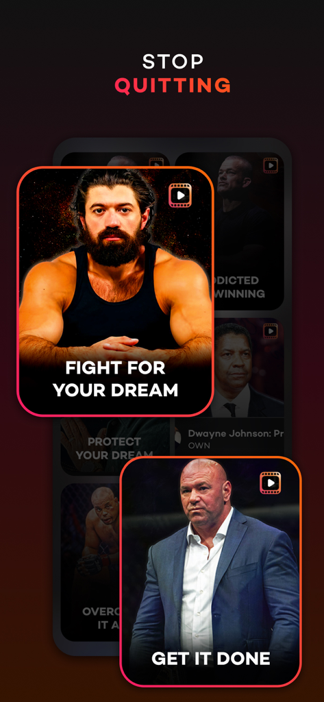 Motivation: daily Peptalk - PepTalk app interface featuring motivational video cards with titles like Fight For Your Dream and Get It Done