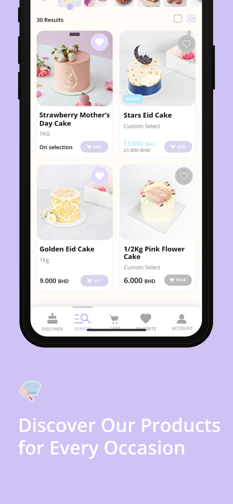 Eastern Bakery - A mobile app interface from Eastern Bakery displaying a variety of decorative specialty cakes for various occasions with prices.