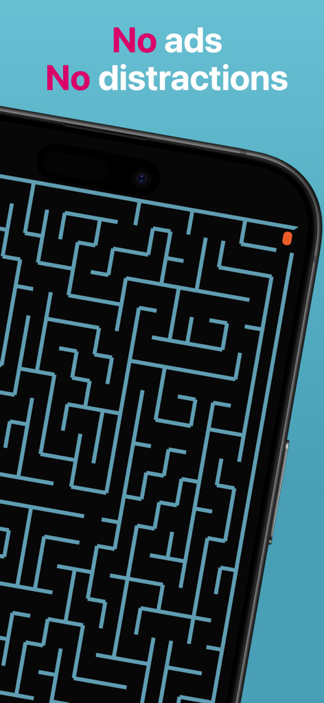 Maze Master: Brain Training - Um labirinto complexo na tela de um smartphone com o texto Sem anúncios Sem distrações acima dele.
