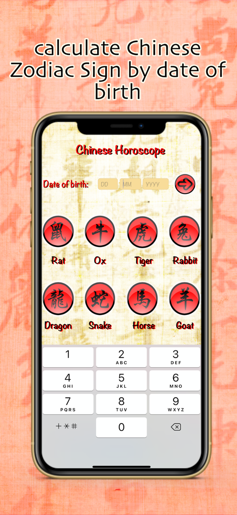 Chinese Horoscope daily weekly - Tela do iPhone mostrando a interface da calculadora do signo do zodíaco do aplicativo Horóscopo Chinês com ícones de animais do zodíaco.