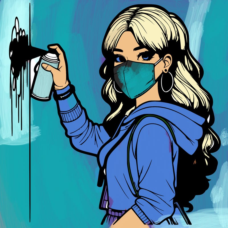 realistic girl with mask spray painting a wall