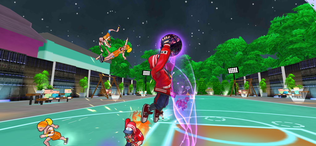 Basketball Dunk Hit - 3D character performing a slam dunk on an urban basketball court