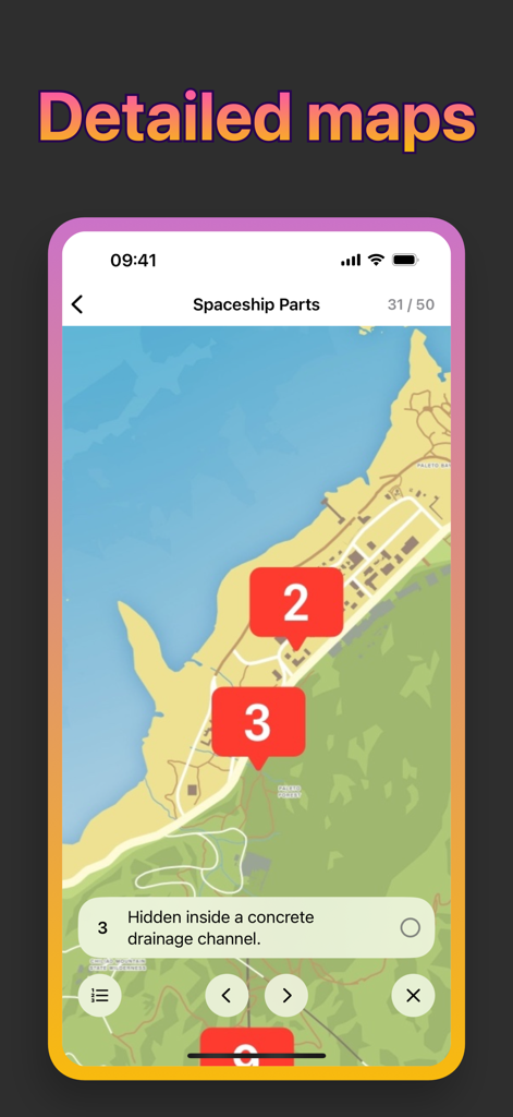 A detailed interactive map showing locations for spaceship parts collectibles in GTA with description tooltips